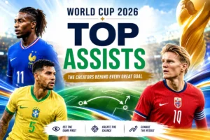 World Cup 2026 top assists featured image showing a bright stadium, tactical passing arrows, trophy symbolism and key assist creators behind the goals