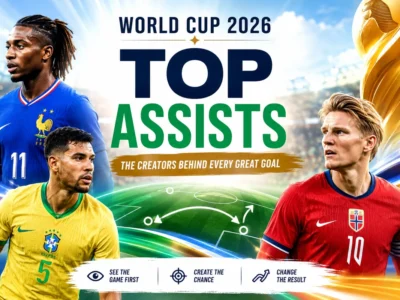 World Cup 2026 top assists featured image showing a bright stadium, tactical passing arrows, trophy symbolism and key assist creators behind the goals