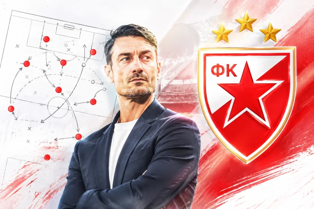 Albert Riera tactical analysis with Red Star Belgrade crest and football tactics board