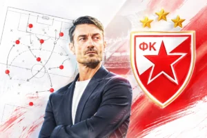 Albert Riera tactical analysis with Red Star Belgrade crest and football tactics board