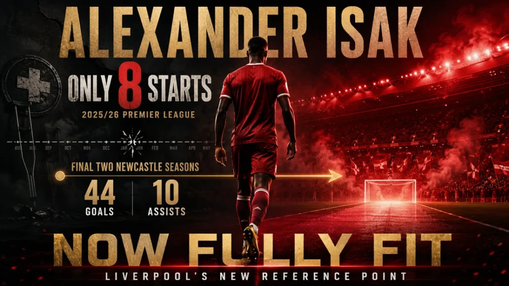 Alexander Isak-inspired Liverpool graphic showing only eight Premier League starts in 2025/26, plus 44 goals and 10 assists across his final two Newcastle seasons before becoming Liverpool’s new reference point.