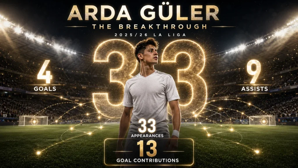 Arda Güler-inspired midfielder with 2025/26 La Liga stats showing 33 appearances, 4 goals, 9 assists and 13 goal contributions.