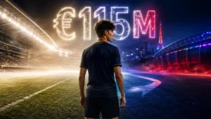Arda Güler-inspired midfielder between Real Madrid and PSG-inspired stadiums with a glowing €115M transfer figure.