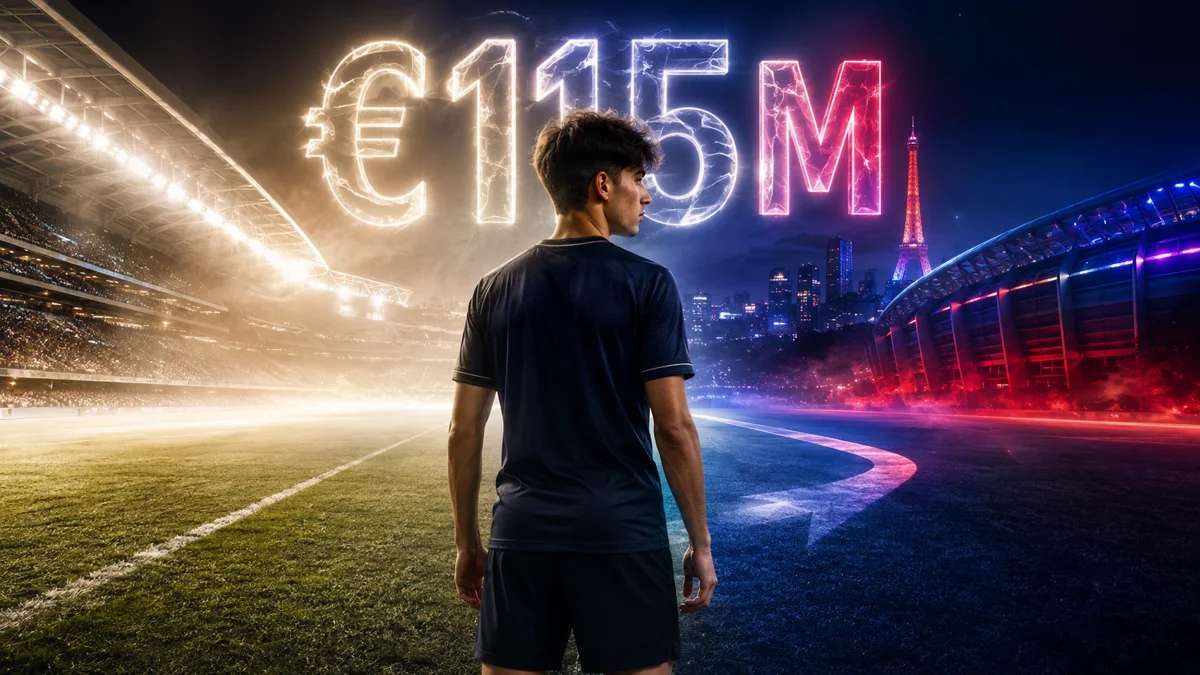 Arda Güler-inspired midfielder between Real Madrid and PSG-inspired stadiums with a glowing €115M transfer figure.