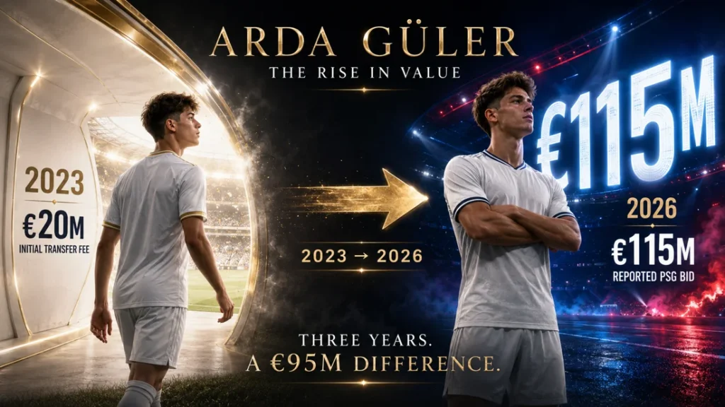 Arda Güler-inspired timeline graphic showing a rise from a €20M initial transfer fee in 2023 to a reported €115M PSG bid in 2026.