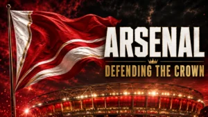 Arsenal-inspired red and white flag waving above a stadium for the 2026/27 season preview