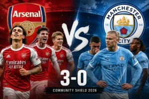 Arsenal vs Manchester City 2026 Community Shield featured image showing Arsenal's 3-0 victory.