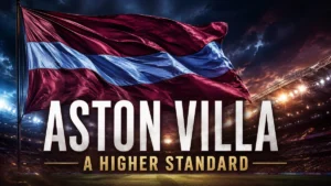 Aston Villa-inspired claret and blue flag waving above a stadium for the 2026/27 season preview