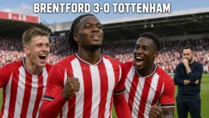 Mamadou Sangaré, Keane Lewis-Potter and Michael Kayode celebrate Brentford’s 3-0 Premier League win over Tottenham.