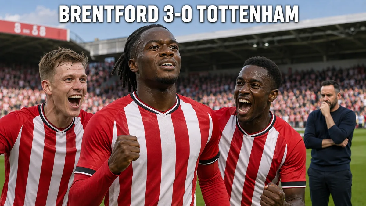 Mamadou Sangaré, Keane Lewis-Potter and Michael Kayode celebrate Brentford’s 3-0 Premier League win over Tottenham.