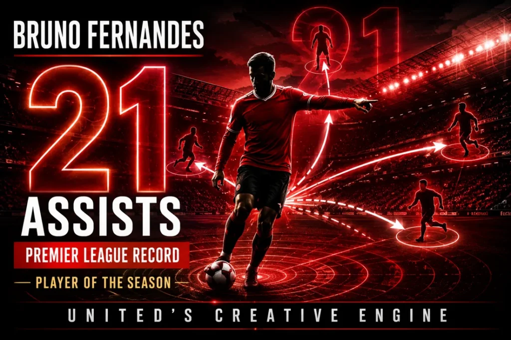 Bruno Fernandes-inspired Manchester United graphic highlighting his Premier League record of 21 assists and Player of the Season award.