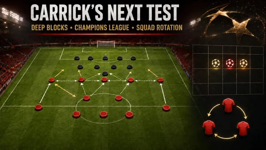 Manchester United attacking a compact deep block with Champions League scheduling and squad rotation under Michael Carrick