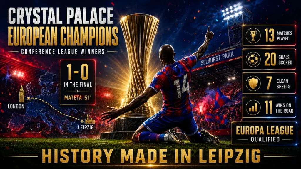 Crystal Palace European champions graphic showing the 1-0 Conference League final win, Mateta’s 51st-minute goal and Europa League qualification