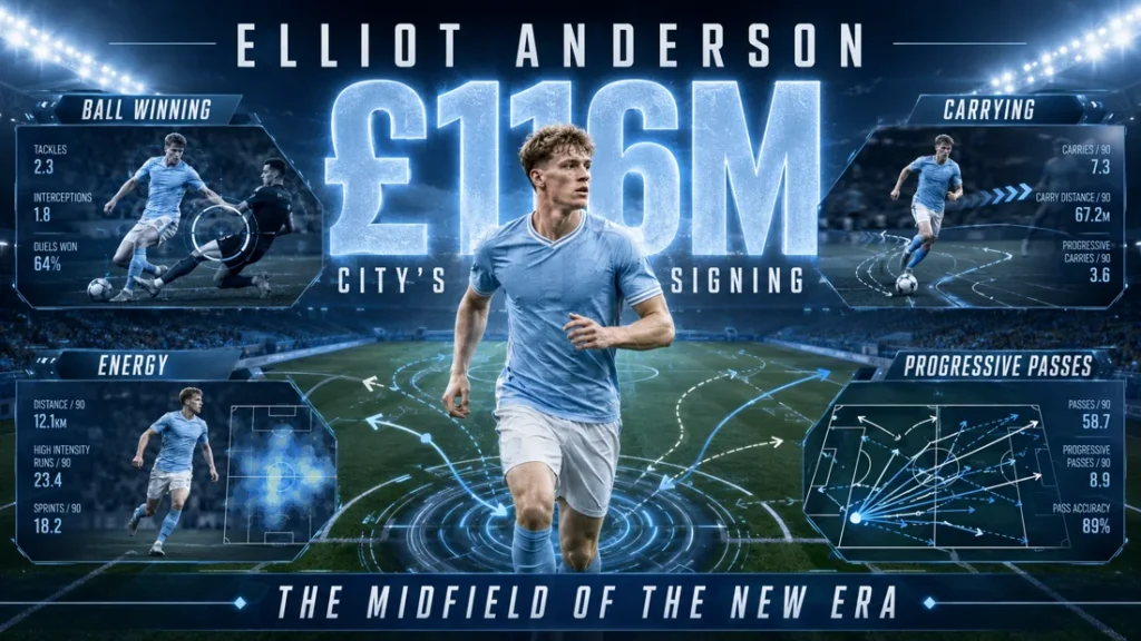 Elliot Anderson-inspired Manchester City graphic showing a £116 million record signing and key midfield qualities including ball winning, carrying, energy and progressive passes.