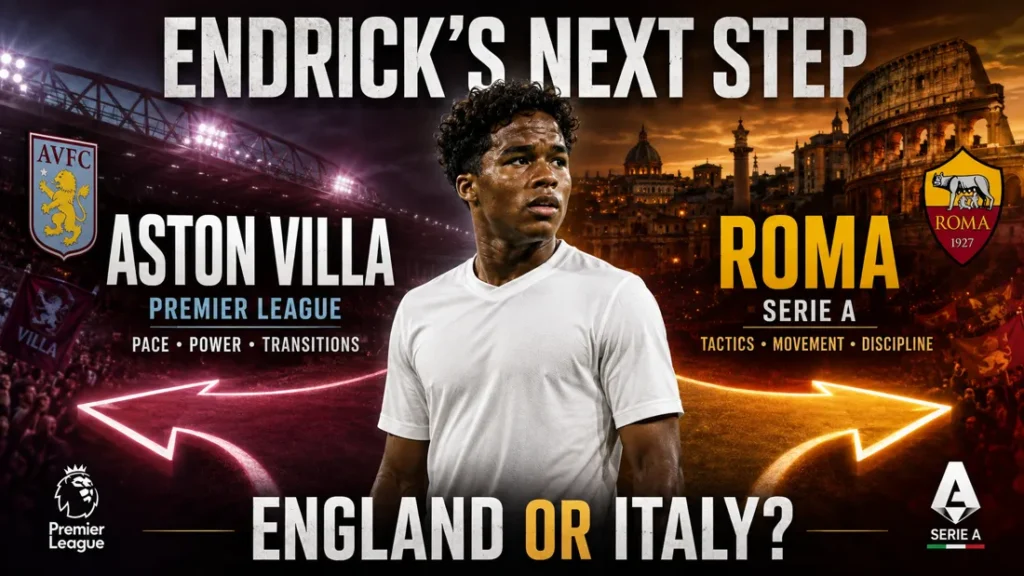 Endrick shown between Aston Villa and Roma as two possible next destinations for his loan move.
