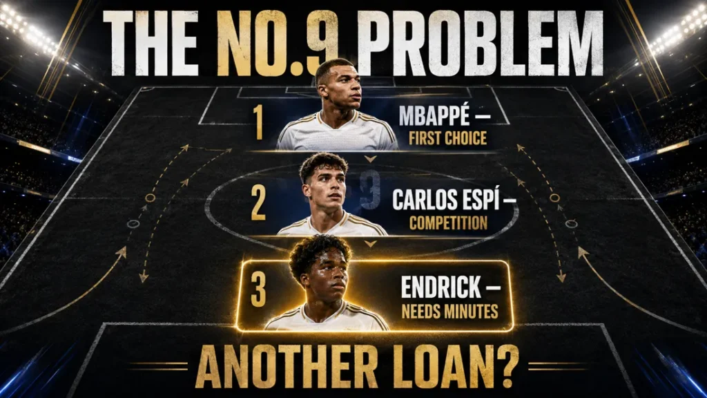 Tactical graphic showing Mbappé as Real Madrid’s first-choice striker, Carlos Espí as competition and Endrick needing more minutes.