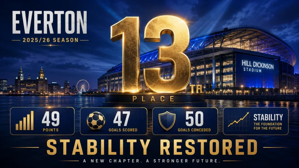 Everton 2025/26 season graphic showing 13th place, 49 points, 47 goals scored and 50 goals conceded