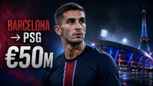 Ferran Torres featured image showing a potential €50m transfer from Barcelona to PSG.