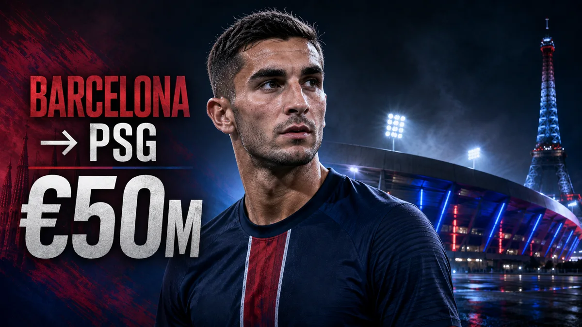 Ferran Torres featured image showing a potential €50m transfer from Barcelona to PSG.