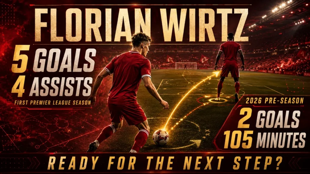 Florian Wirtz-inspired Liverpool graphic showing five goals and four assists in his first Premier League season, plus two pre-season goals in 105 minutes.