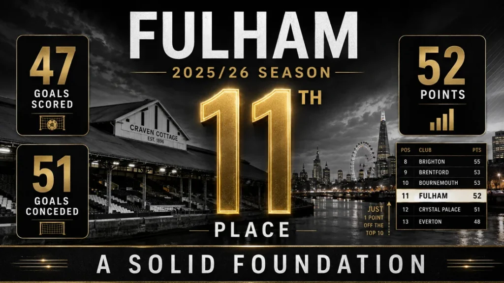 Fulham 2025/26 season graphic showing 11th place, 52 points, 47 goals scored and 51 goals conceded