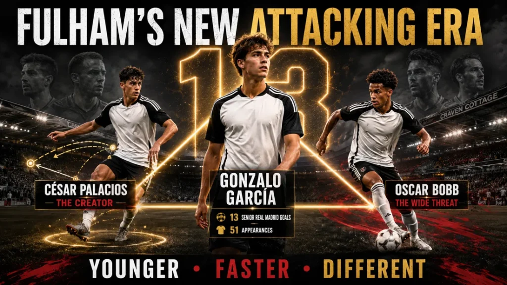 Fulham attacking graphic featuring Gonzalo Garcia, Cesar Palacios and Oscar Bobb as the club’s new attacking era