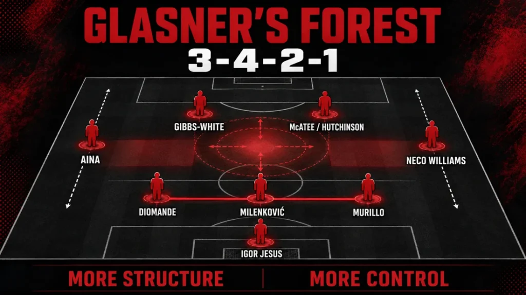 Nottingham Forest tactical graphic showing Oliver Glasner’s 3-4-2-1 system with Diomande, Milenković and Murillo in the back three, Aina and Neco Williams as wing-backs, Gibbs-White and McAtee or Hutchinson behind Igor Jesus.