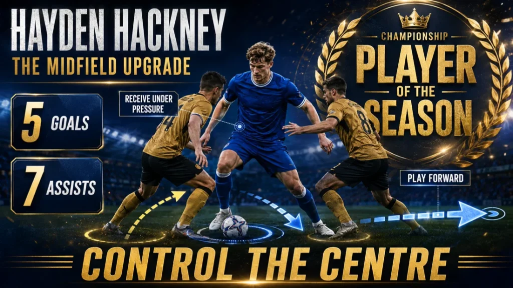 Hayden Hackney Everton graphic showing Championship Player of the Season, five goals, seven assists and his midfield control profile
