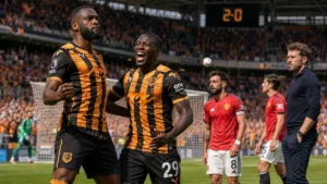 Semi Ajayi and Nobel Mendy celebrate Hull City’s 2-0 win over Manchester United at the MKM Stadium.