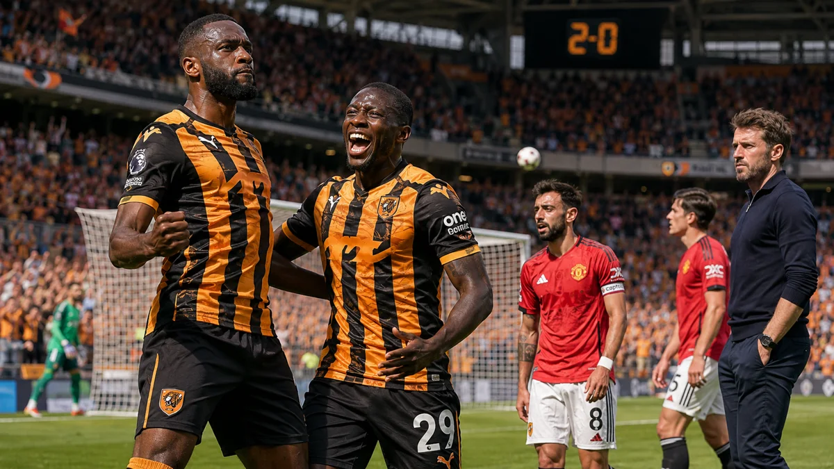 Semi Ajayi and Nobel Mendy celebrate Hull City’s 2-0 win over Manchester United at the MKM Stadium.