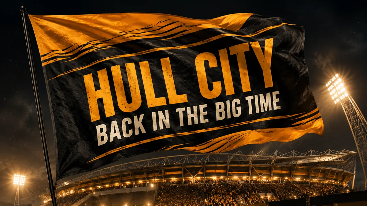 Hull City black and amber flag waving above the MKM Stadium for the 2026/27 season preview titled Back in the Big Time