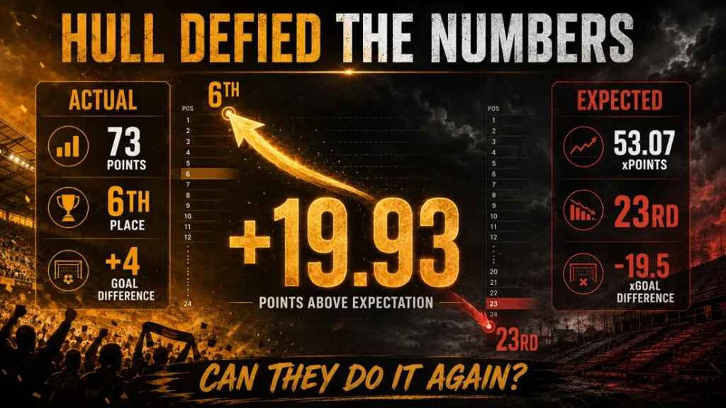 Hull City actual and expected Championship numbers showing 73 points and sixth place versus 53.07 expected points and 23rd, with a +19.93 points-above-expectation gap.