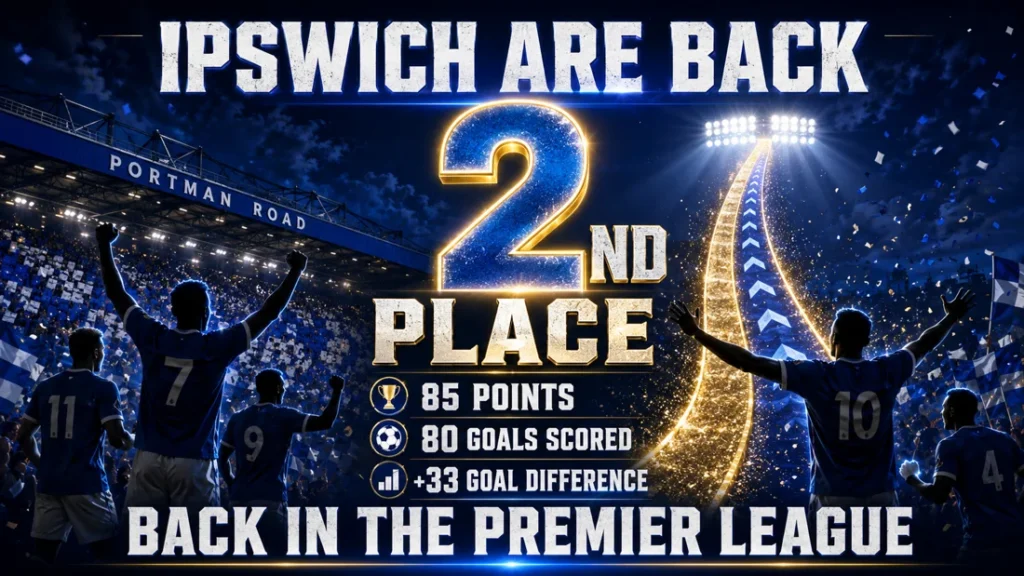 Ipswich Town promotion graphic showing second place, 85 points, 80 goals scored and a +33 goal difference before returning to the Premier League.
