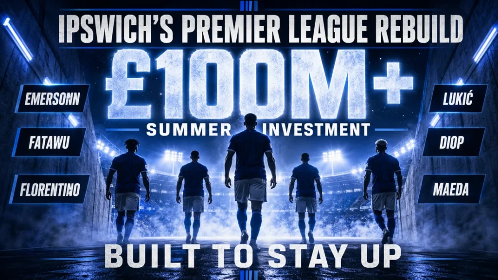 Ipswich Town Premier League rebuild graphic showing more than £100 million of summer investment and key new signings ahead of the 2026/27 season.