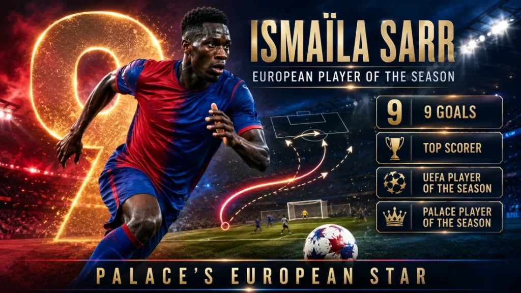 Ismaila Sarr graphic showing nine Conference League goals, top scorer status, UEFA Player of the Season and Palace Player of the Season