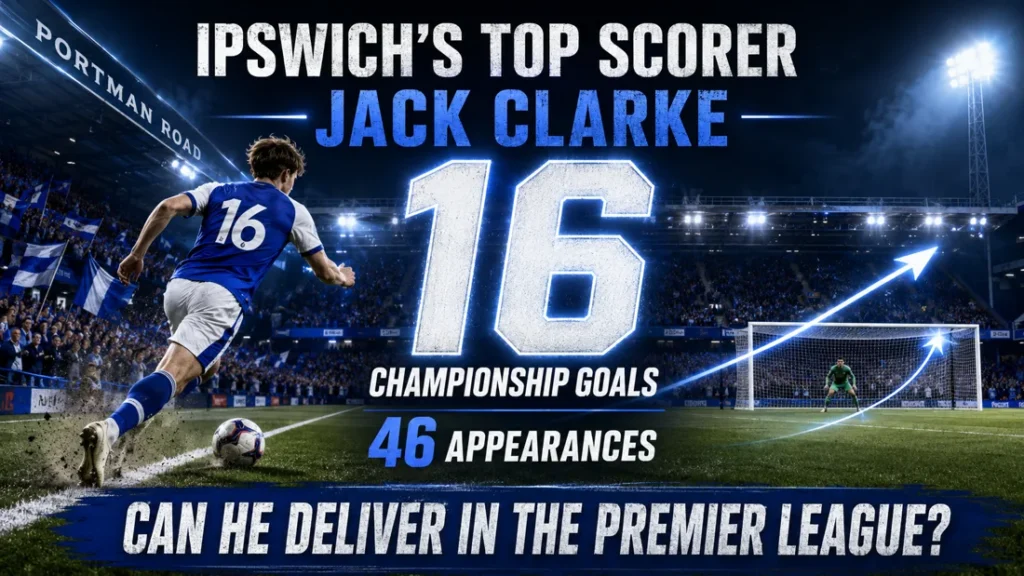 Jack Clarke-inspired Ipswich Town graphic showing 16 Championship goals in 46 appearances ahead of the club’s Premier League return.