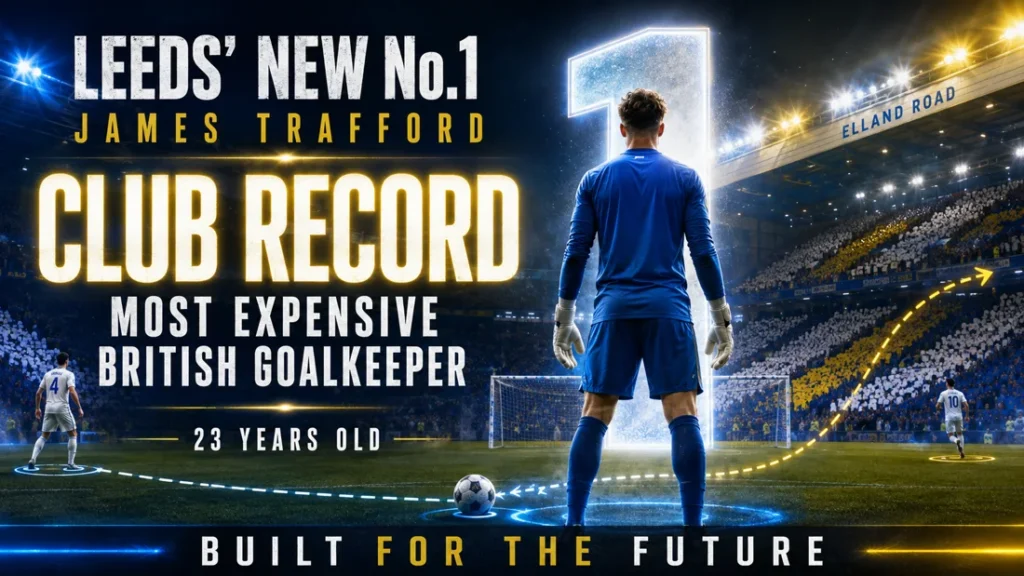 James Trafford-inspired Leeds United graphic showing the new No.1 as a club-record signing and the most expensive British goalkeeper.