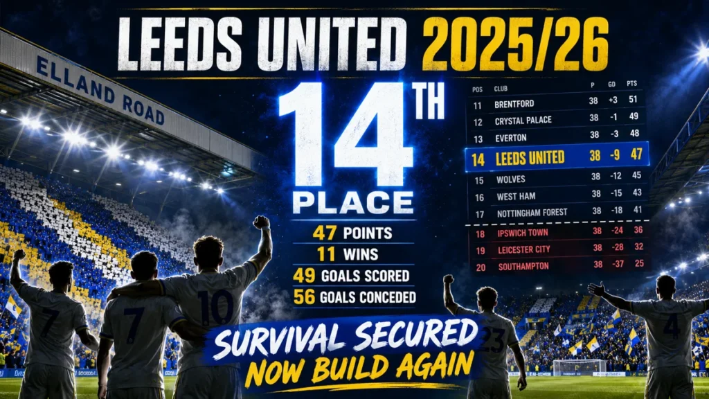 Leeds United 2025/26 season graphic showing a 14th-place Premier League finish with 47 points, 11 wins, 49 goals scored and 56 conceded.