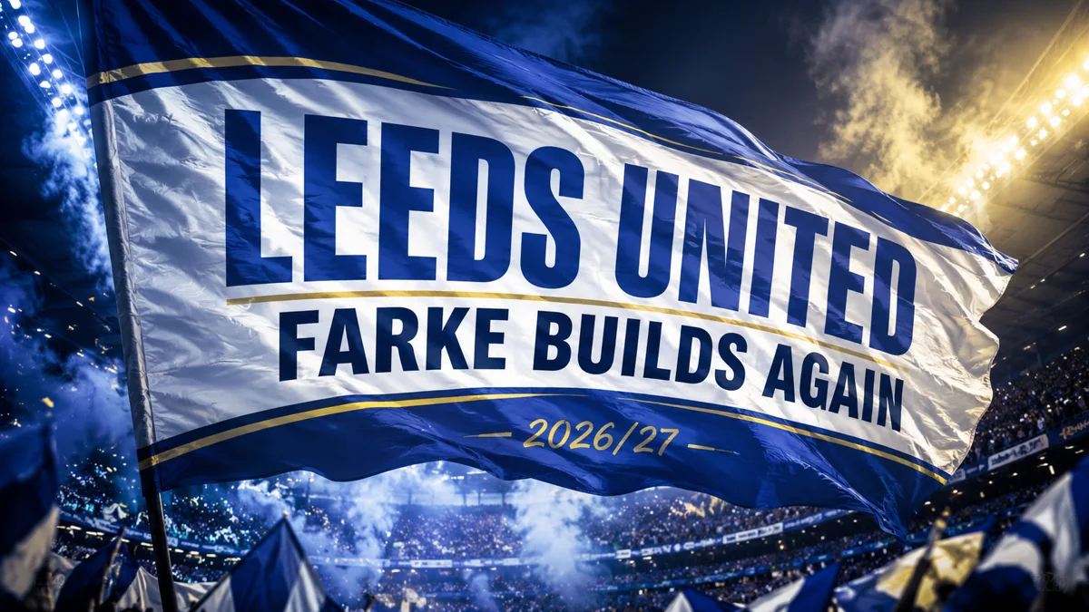 Leeds United 2026/27 season preview featured image with a blue, white and yellow flag waving under stadium lights and the headline Farke Builds Again.
