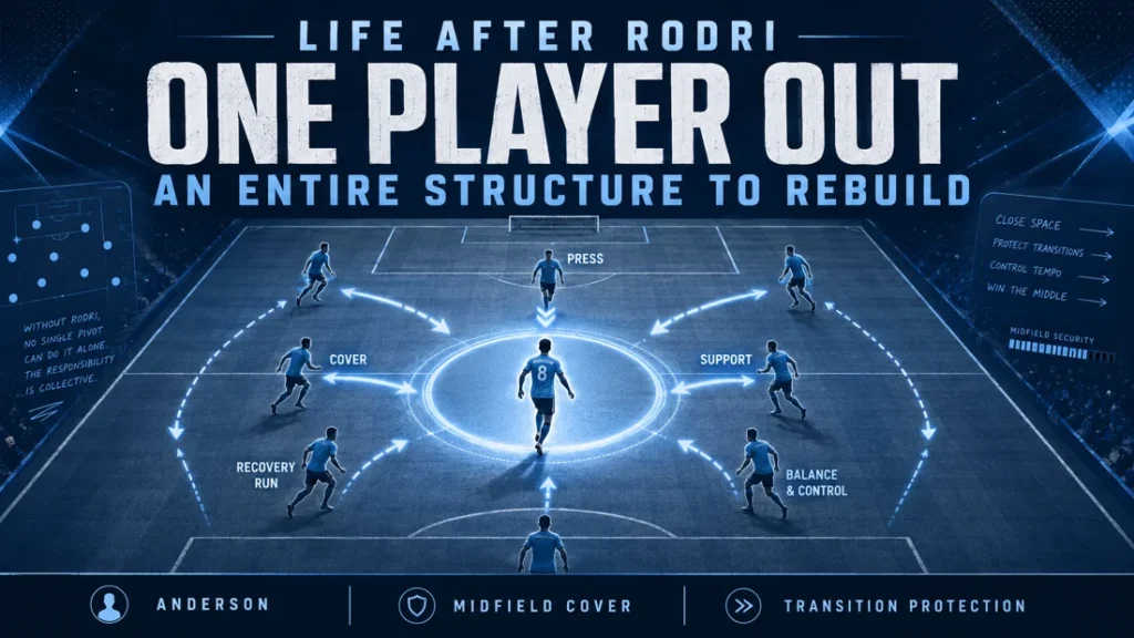 Manchester City tactical graphic showing life after Rodri, with one player out, an entire structure to rebuild, and Elliot Anderson linked to midfield cover and transition protection.