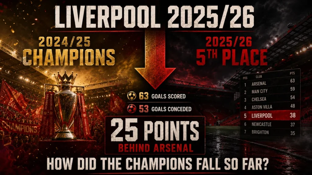 Liverpool 2025/26 graphic showing the fall from Premier League champions in 2024/25 to fifth place, with 63 goals scored, 53 conceded and a 25-point gap to Arsenal.