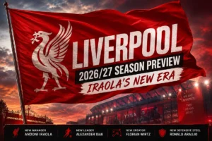 Liverpool 2026/27 season preview featured image with a red flag waving outside Anfield and the headline Iraola’s New Era.