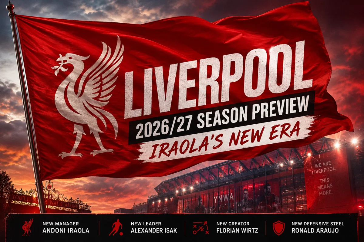 Liverpool 2026/27 season preview featured image with a red flag waving outside Anfield and the headline Iraola’s New Era.