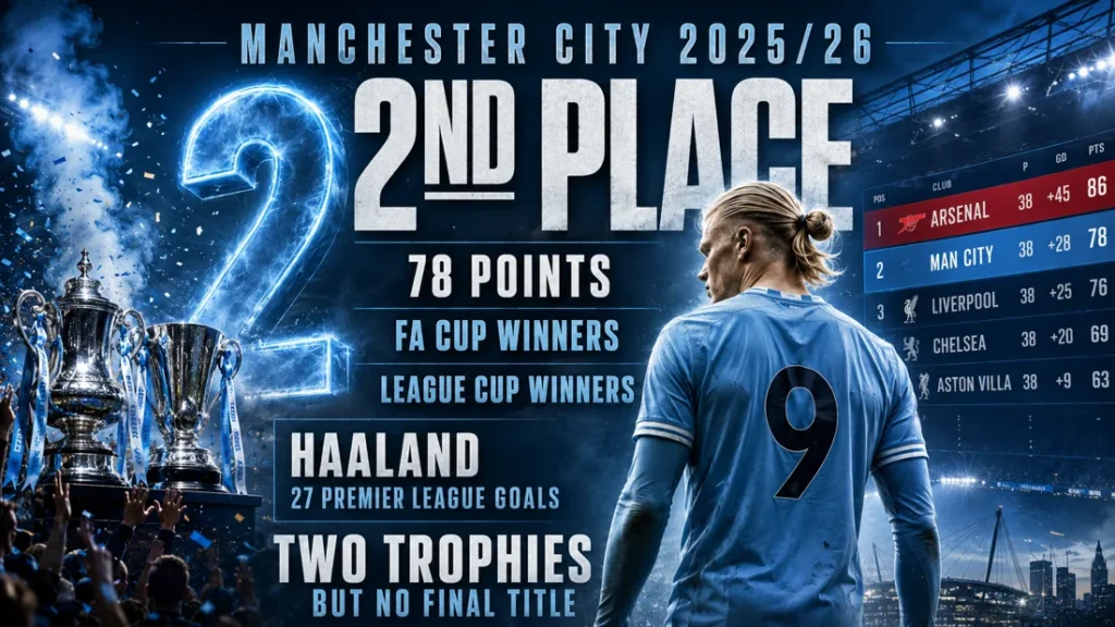 Manchester City 2025/26 graphic showing second place with 78 points, FA Cup and League Cup wins, and Erling Haaland’s 27 Premier League goals.