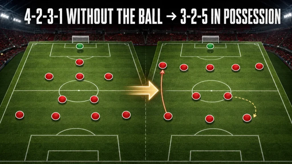 Michael Carrick tactical transformation from a 4-2-3-1 defensive shape to a 3-2-5 in possession