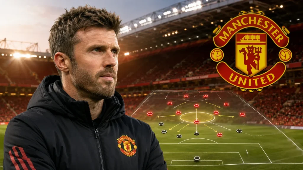 Michael Carrick with the Manchester United crest and a tactical 4-2-3-1 formation at Old Trafford