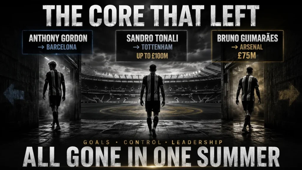 Newcastle United graphic showing Anthony Gordon, Sandro Tonali and Bruno Guimarães leaving in one summer, highlighting the loss of goals, control and leadership.