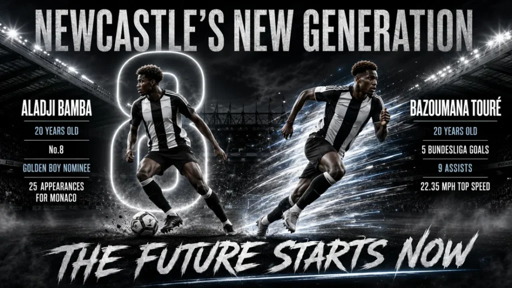 Newcastle United graphic showing Aladji Bamba and Bazoumana Touré as part of the club’s new generation, with Bamba’s age, shirt number and Monaco appearances, plus Touré’s goals, assists and top speed.