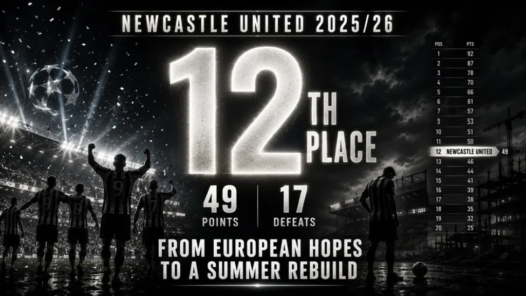Newcastle United 2025/26 graphic showing a 12th-place finish with 49 points and 17 defeats, marking the shift from European hopes to a summer rebuild.