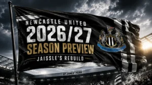 Newcastle United 2026/27 season preview featured image with a black-and-white flag waving at St James’ Park and the headline Jaissle’s Rebuild.